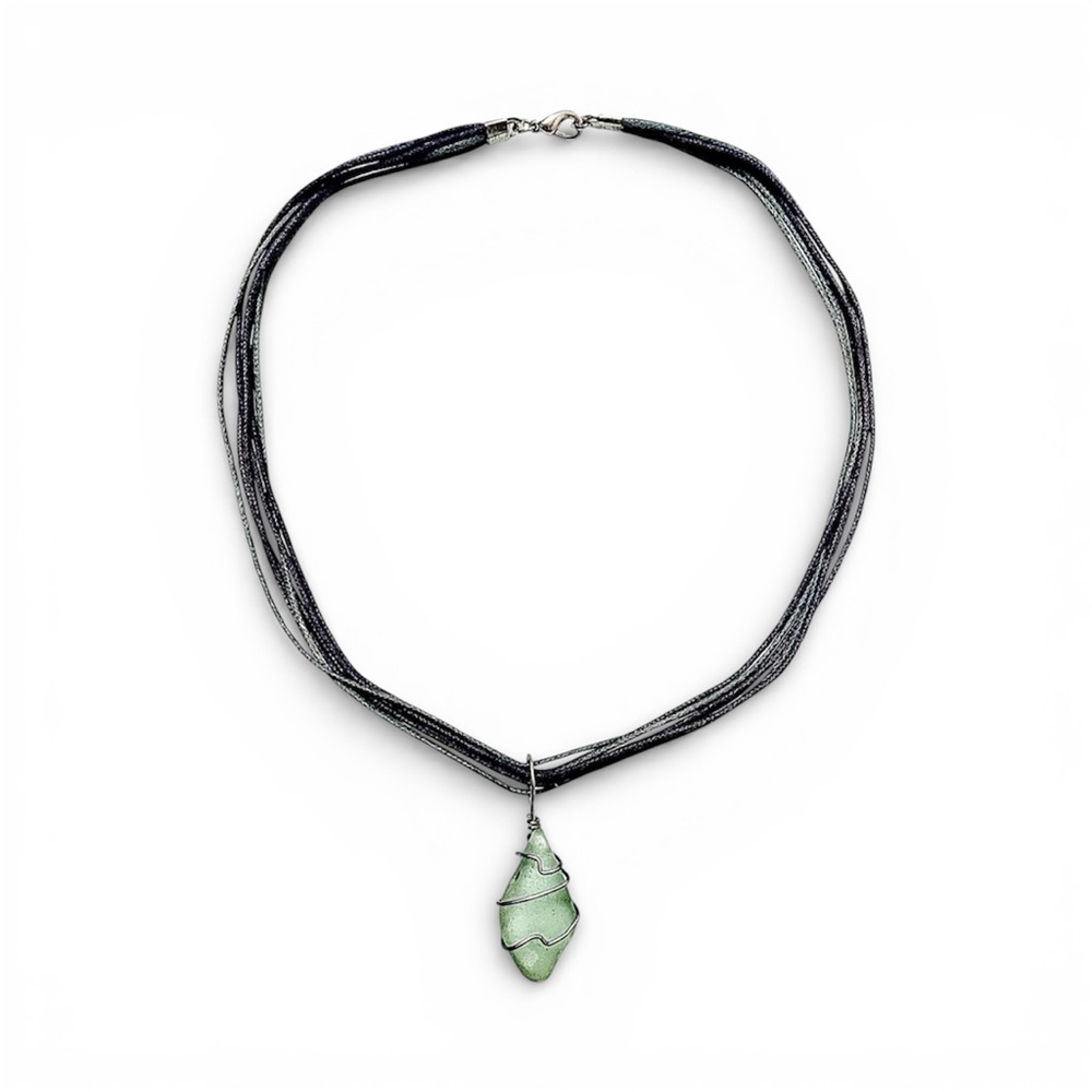 Polished Sea Glass pendant choker on dark Green multiple strings  Necklace